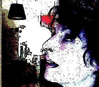 Retrato de perfil con efecto de trama de puntos y labios oscuros, publicado por Roser Amills en 2008
