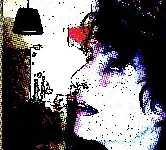 Retrato de perfil con efecto de trama de puntos y labios oscuros, publicado por Roser Amills en 2008