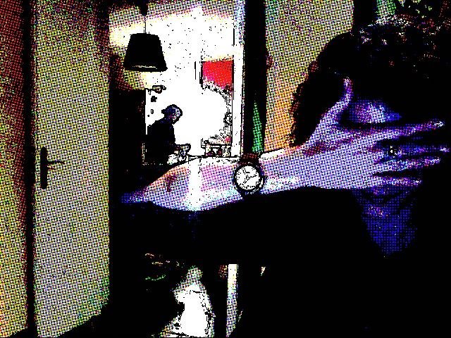 Autorretrato posterizado en el que Roser Amills se oculta la cara con el brazo