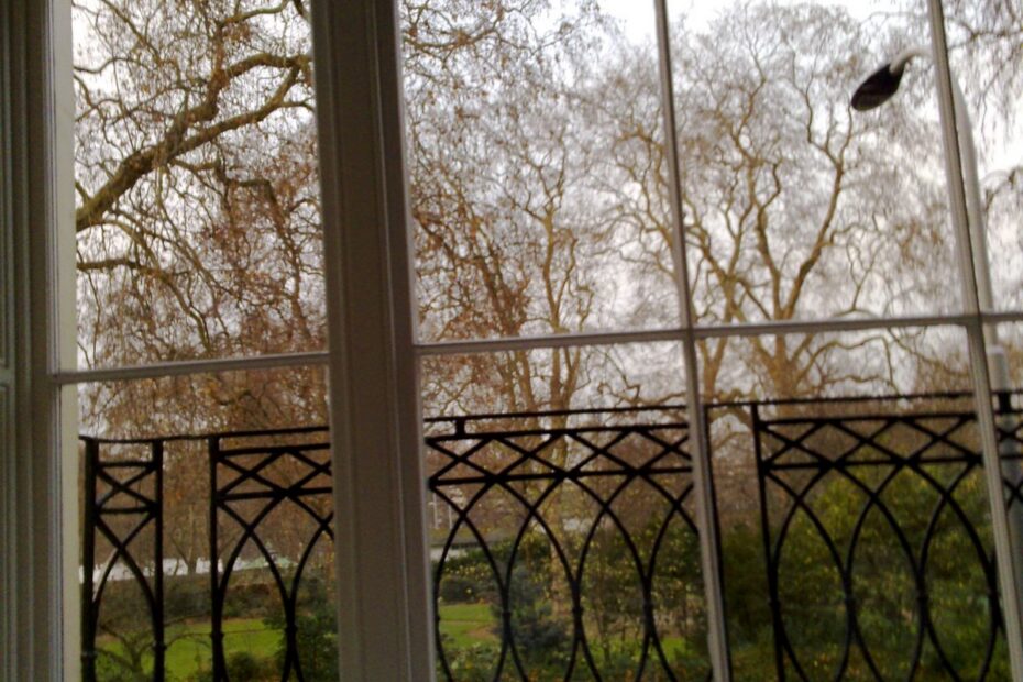 Ventana de guillotina con vistas a un parque de Londres con árboles sin hojas y cielo claro