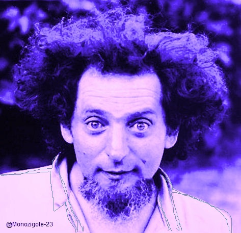 Retrato estilizado en tonos violetas del escritor Georges Perec, con el pelo revuelto y perilla