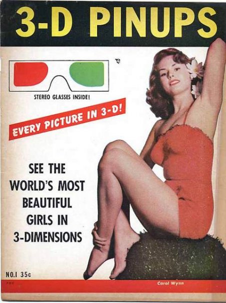 Portada de la revista retro 3-D Pinups con una modelo en top rojo y gafas estereoscópicas