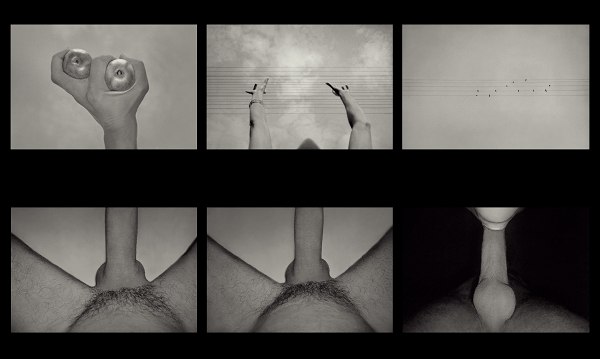 Seis fotografías en blanco y negro de Pierre Radisic que componen una sola imagen, de la serie Porno Escapes