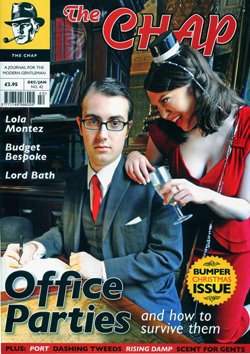 Portada de The Chap número 42, Office Parties, con un caballero con traje y una dama con copa