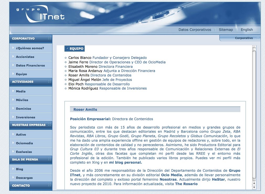 Página del equipo del Grupo ITNet con Roser Amills como directora de contenidos