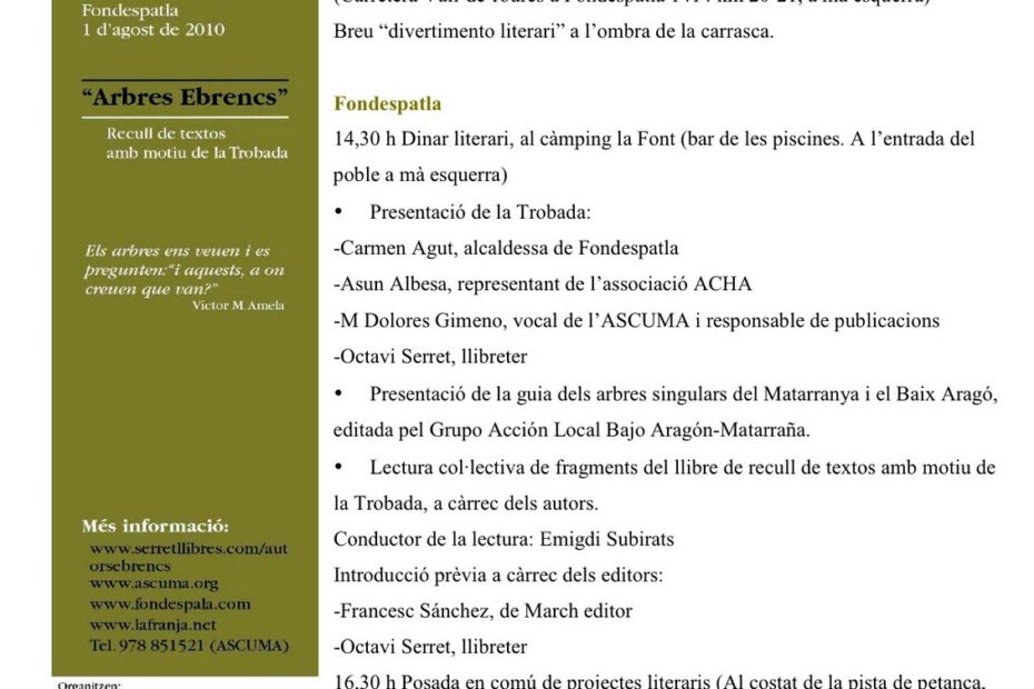 Cartel de la 5a Trobada d'autors ebrencs al Matarranya, Fondespatla, 1 d'agost de 2010, con un árbol y el programa de actos en Vall-de-roures y Fondespatla