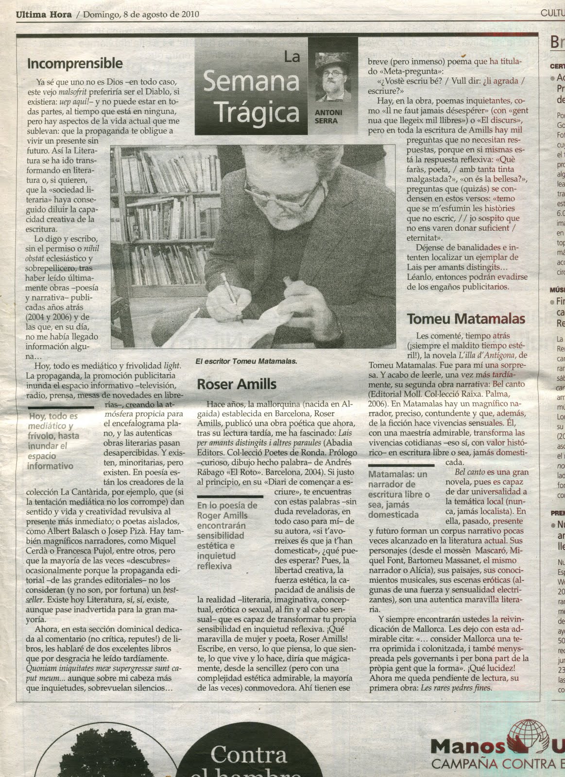 Página completa de Última Hora del domingo 8 de agosto de 2010 con «La Semana Trágica» de Antoni Serra