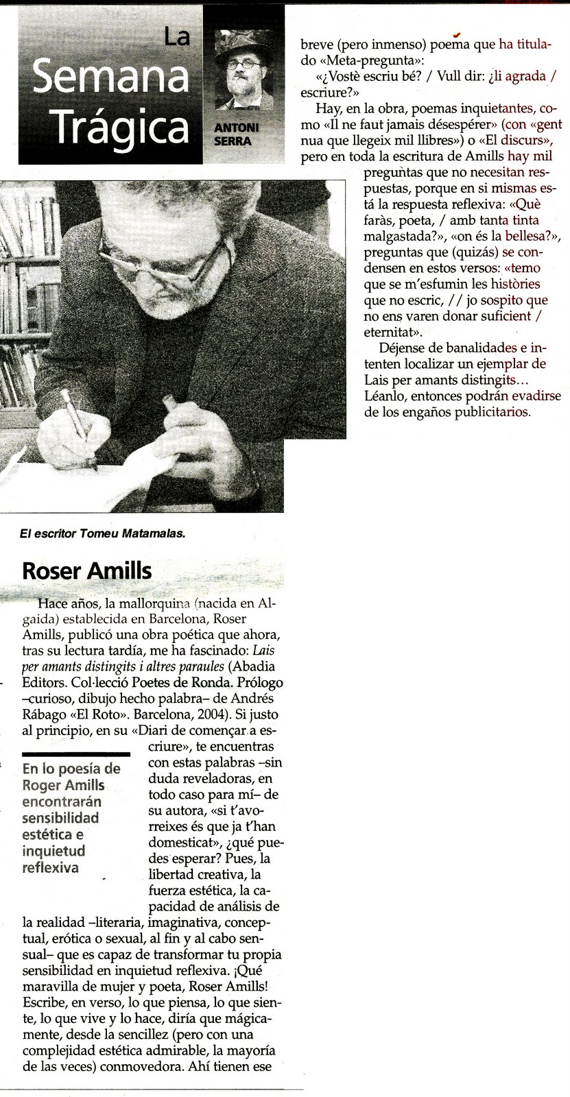 Recorte de Última Hora con la columna «La Semana Trágica» de Antoni Serra y la sección dedicada a Roser Amills