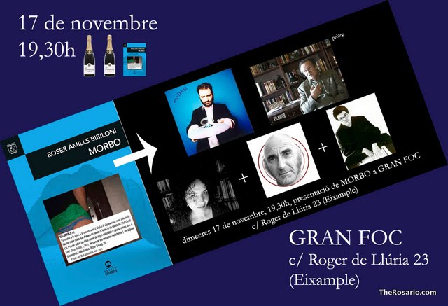 Invitació blava de la festa de «Morbo»: 17 de novembre, 19.30 h, al Gran Foc, amb la coberta del llibre, dues ampolles de cava i quatre retrats