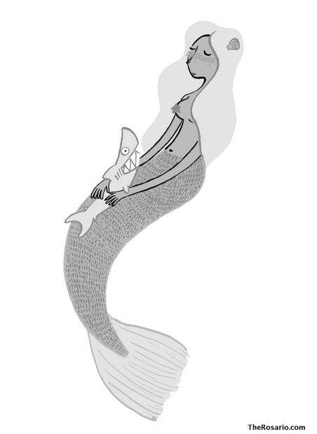 Il·lustració de Jordi Fortuny: una sirena amb un tauró als braços