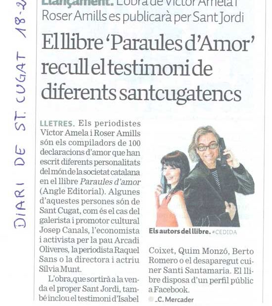 Retall del Diari de Sant Cugat, del 18 de febrer de 2011: «El llibre 'Paraules d'Amor' recull el testimoni de diferents santcugatencs»