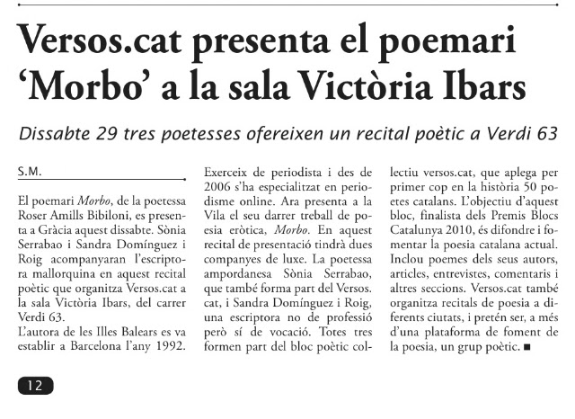 Retall de L'Independent de Gràcia amb la notícia «Versos.cat presenta el poemari ‘Morbo’ a la sala Victòria Ibars»