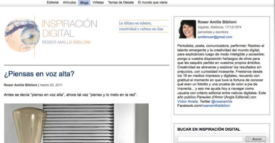 Captura de la pàgina del blog «Inspiración digital» a La Vanguardia, amb l'entrada «¿Piensas en voz alta?» i el perfil de Roser Amills Bibiloni