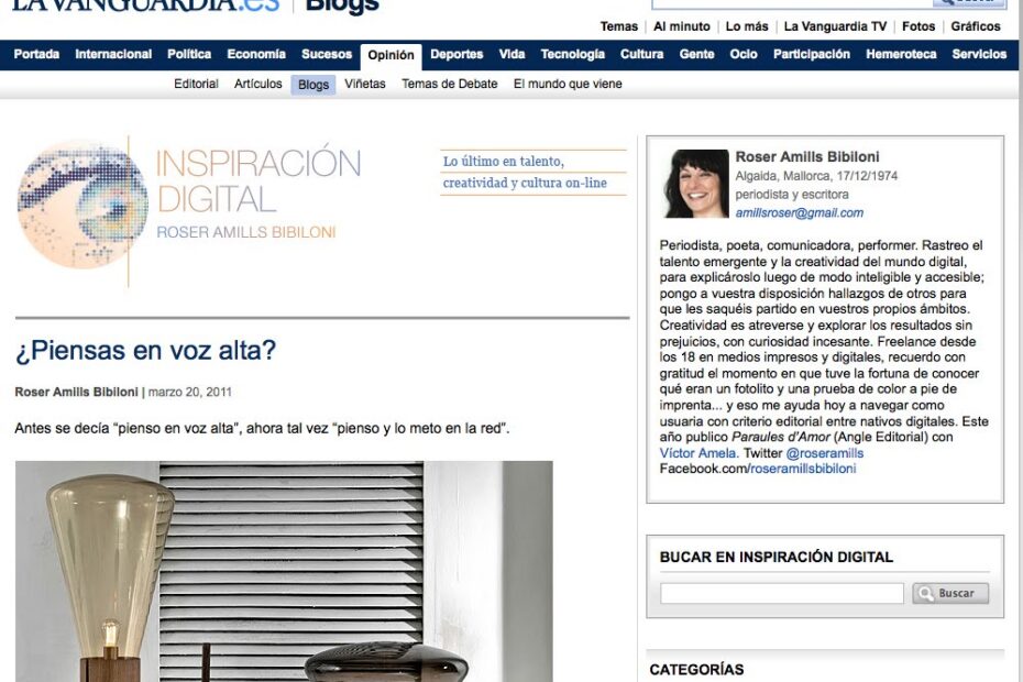 Captura de la pàgina del blog «Inspiración digital» a La Vanguardia, amb l'entrada «¿Piensas en voz alta?» i el perfil de Roser Amills Bibiloni