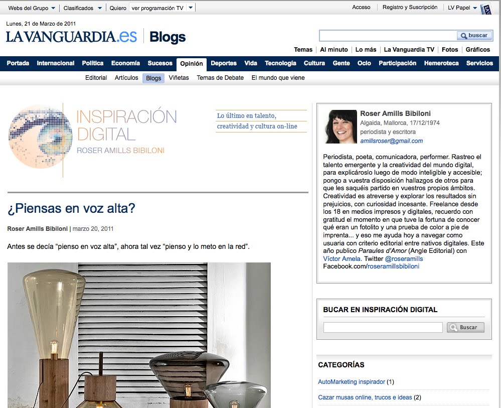 Captura de la página del blog «Inspiración digital» en La Vanguardia, con la entrada «¿Piensas en voz alta?» y el perfil de Roser Amills Bibiloni