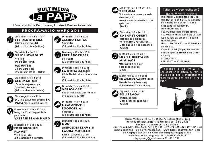 Cartell de la programació de març de 2011 de la Papa, associació de performers, artistes i poetes associats, amb els concerts i recitals del mes