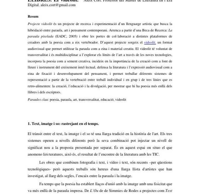Primera página del artículo «LiTICteratures: Literatures més enllà dels llibres. El videolit», de Aleix Cort, con el resumen sobre el videolit