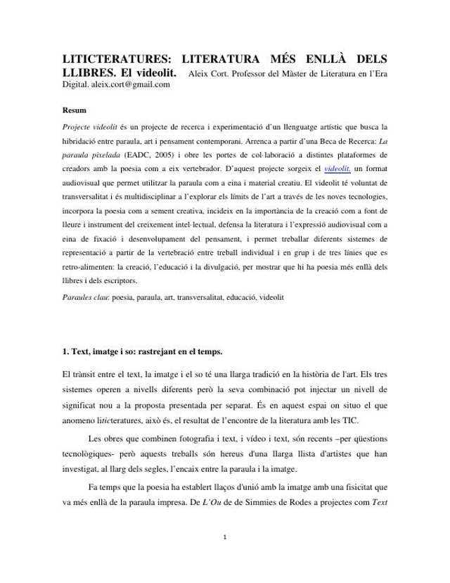 Primera página del artículo «LiTICteratures: Literatures més enllà dels llibres. El videolit», de Aleix Cort, con el resumen sobre el videolit