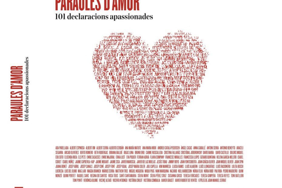 Coberta de «Paraules d'amor. 101 declaracions apassionades», amb un cor format per noms