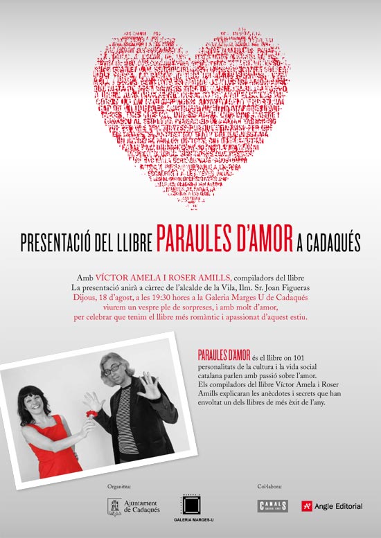 Cartell de la presentació de Paraules d'amor a Cadaqués, amb un cor vermell de paraules i una parella que posa amb una rosa
