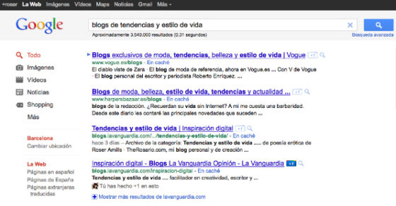 Resultats de Google per a «blogs de tendencies i estil de vida», amb el blog «Inspiració digital» de La Vanguardia en tercera posició