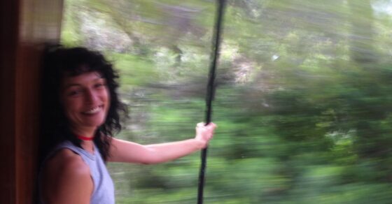 Una dona somrient a la finestra d'un tren en marxa, amb el paisatge desdibuixat