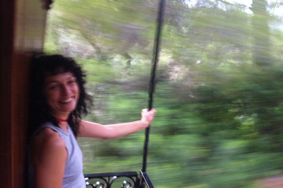 Una dona somrient a la finestra d'un tren en marxa, amb el paisatge desdibuixat
