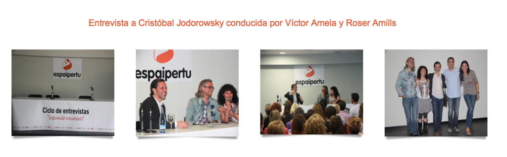 Collage de fotografies de l'entrevista a Cristóbal Jodorowsky al cicle d'Espai per tu, amb la taula, els convidats i el públic