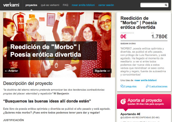Pàgina del projecte de Verkami «Reedición de Morbo | Poesía erótica divertida», amb 0€ aconseguits d'un objectiu de 1.780€