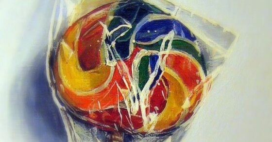 Pintura d'una piruleta de colors dins d'un embolcall de plàstic, de Josep Maria Cabayol