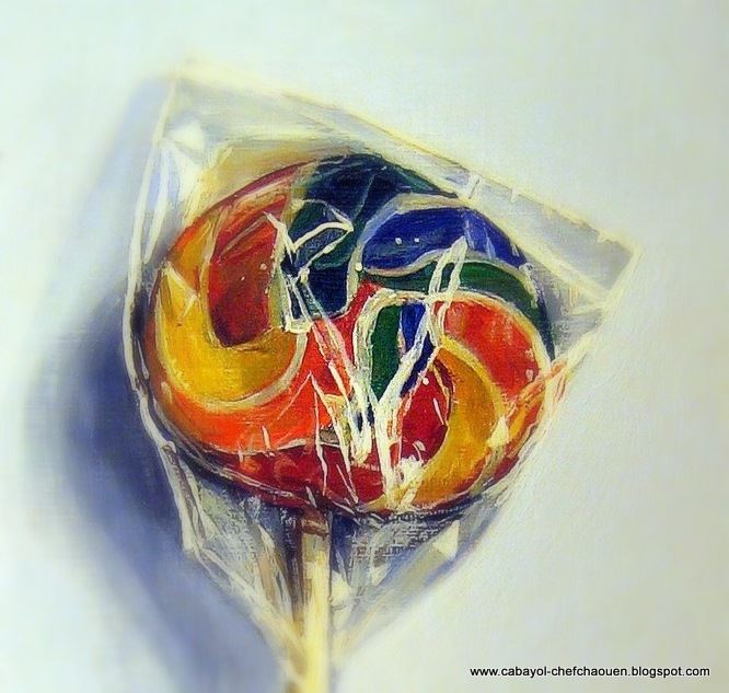 Pintura d'una piruleta de colors dins d'un embolcall de plàstic, de Josep Maria Cabayol