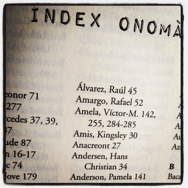 Detall de l'índex onomàstic del llibre de les 1.001 fantasies, amb l'entrada «Amela, Víctor-M.»
