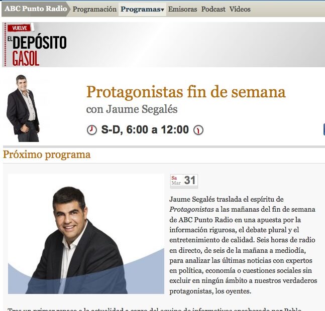 Captura de la web de ABC Punto Radio con la ficha del programa «Protagonistas fin de semana» y la foto de Jaume Segalés