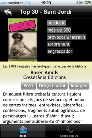 Captura de l'aplicació Top 30 Sant Jordi amb la fitxa de Les 1.001 fantasies més eròtiques i salvatges de la història, de Roser Amills (Cossetània), etiquetada com a no-ficció, provocatiu i sorprenent