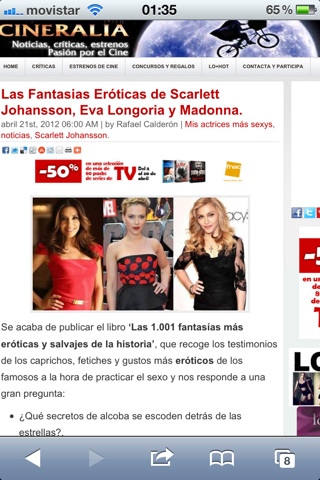 Captura al mòbil de la notícia de Cineralia sobre les fantasies eròtiques de Scarlett Johansson, Eva Longoria i Madonna, signada per Rafael Calderón