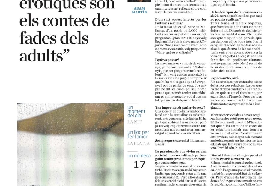 Pàgina del diari Ara del 16 d'abril de 2012 amb l'entrevista d'Adam Martín a Roser Amills «Les fantasies eròtiques són els contes de fades dels adults» i una foto d'ella somrient