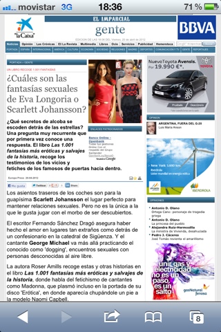 Captura de mòbil de la secció Gente d'El Imparcial amb l'article «¿Cuáles son las fantasías sexuales de Eva Longoria o Scarlett Johansson?» sobre el llibre de Roser Amills