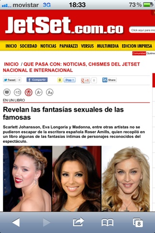 Captura de mòbil de JetSet.com.co amb l'article «Revelan las fantasías sexuales de las famosas» i fotos de Scarlett Johansson, Eva Longoria i Madonna