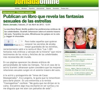 Captura de mòbil de Jornada Online (Mendoza) amb l'article «Publican un libro que revela las fantasías sexuales de las estrellas» i fotos de Quentin Tarantino, Scarlett Johansson i Madonna