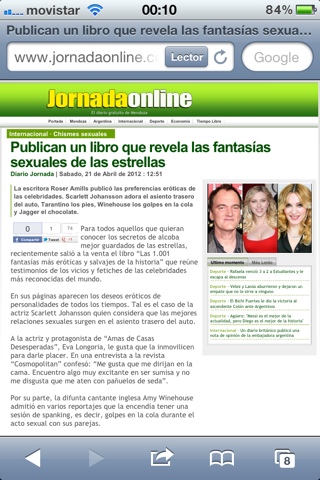 Captura de mòbil de Jornada Online (Mendoza) amb l'article «Publican un libro que revela las fantasías sexuales de las estrellas» i fotos de Quentin Tarantino, Scarlett Johansson i Madonna