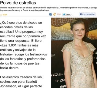 Captura de mòbil de lne.es, secció Gente, amb l'article «Polvo de estrellas» sobre el llibre de Roser Amills i una foto de Kirsten Dunst