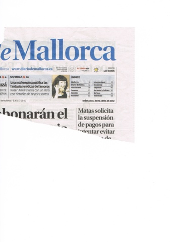 Retall de la portada del Diario de Mallorca del 25 d'abril de 2012 amb el titular «Una mallorquina publica las fantasías eróticas de famosos» i una foto de Roser Amills