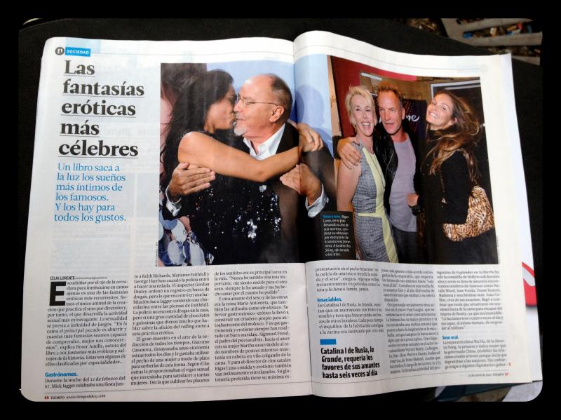 Doble pàgina de la revista Tiempo amb el reportatge «Las fantasías eróticas más célebres» sobre el llibre de Roser Amills