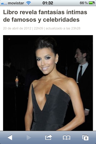 Captura al mòbil de la notícia de Terra Mèxic «Libro revela fantasías íntimas de famosos y celebridades», amb una foto d'Eva Longoria