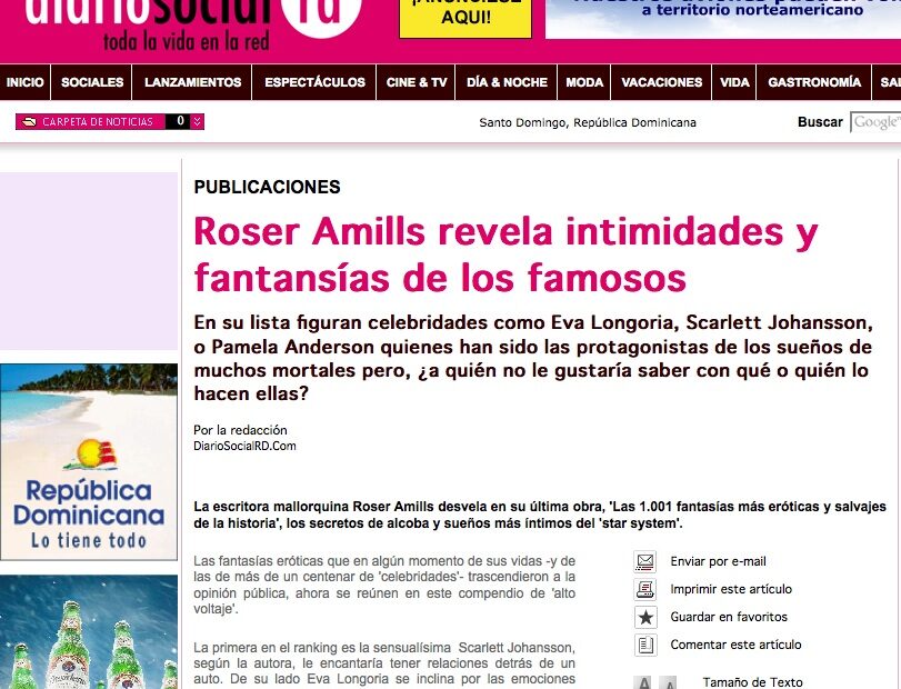 Captura de la notícia a Diario Social RD: «Roser Amills revela intimidades y fantasías de los famosos»