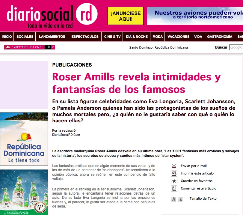 Captura de la noticia en Diario Social RD: «Roser Amills revela intimidades y fantasías de los famosos»
