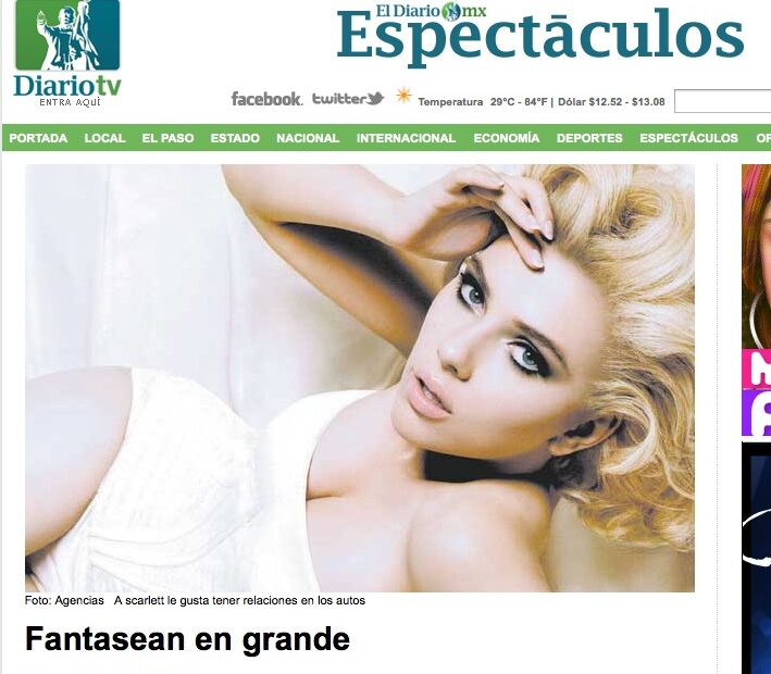 Captura de la notícia «Fantasean en grande» a la secció Espectáculos d'El Diario MX, amb una fotografia de Scarlett Johansson
