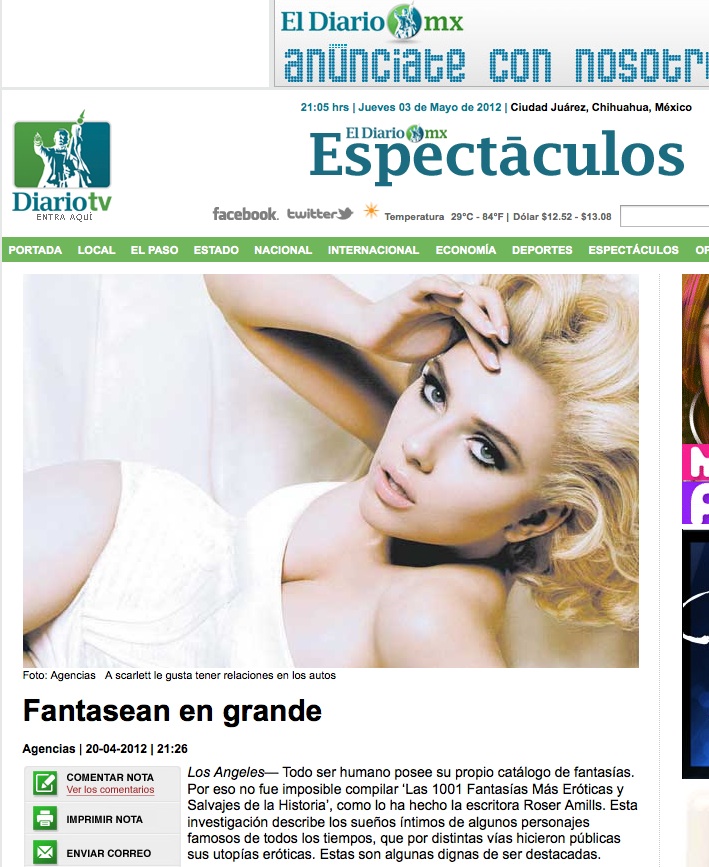 Captura de la noticia «Fantasean en grande» en la sección Espectáculos de El Diario MX, con una fotografía de Scarlett Johansson