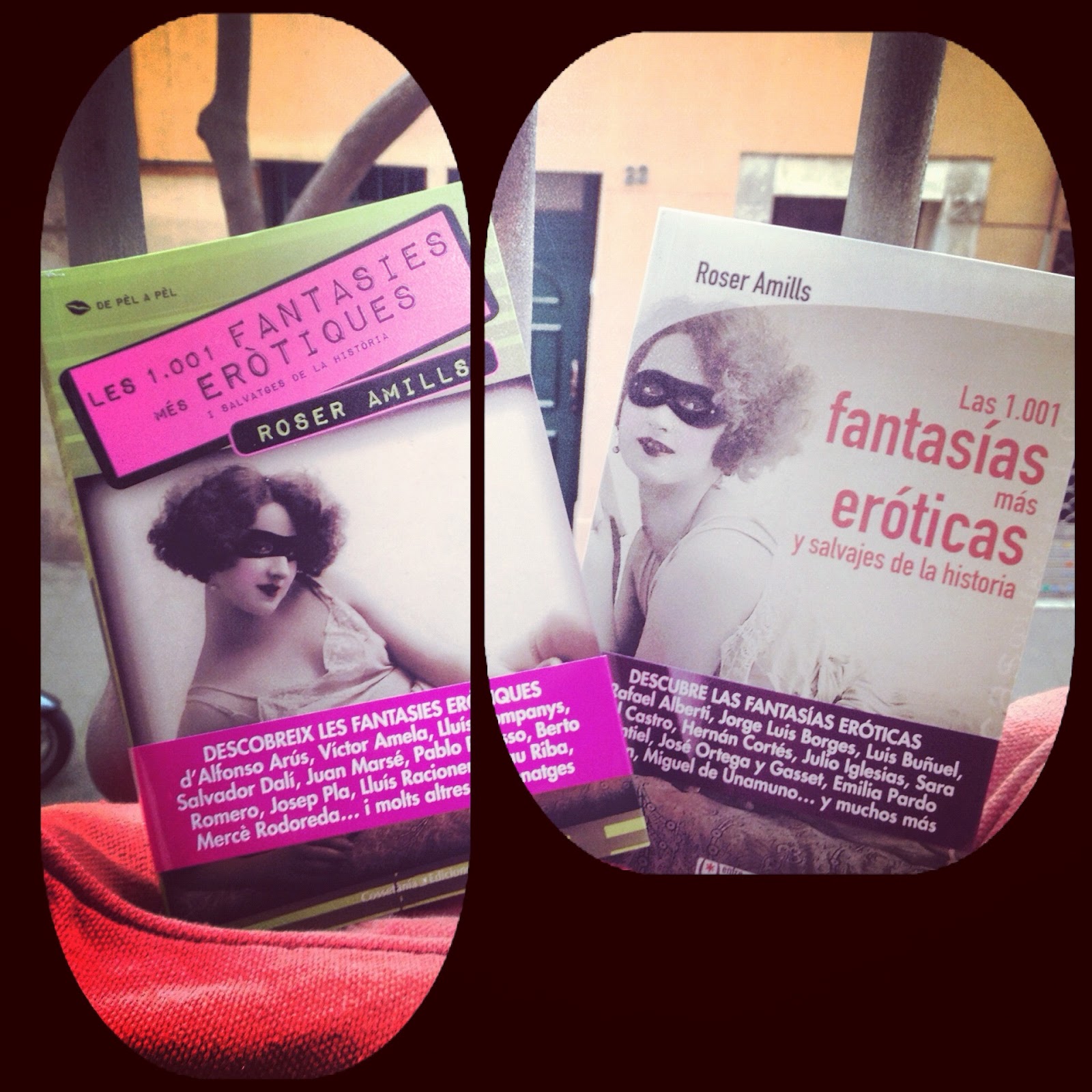 Les dues edicions de «Les 1.001 fantasies més eròtiques i salvatges de la història» (en català i en castellà), amb una dona de cabell arrissat i antifaç a la coberta
