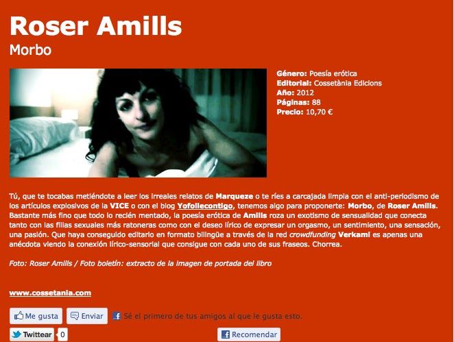 Captura de la ressenya de «Morbo», de Roser Amills, a Notodo.com, amb una imatge d'ella estirada i la fitxa del llibre